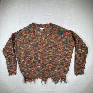 Main Strip Multicolor Knit V Neck Sweater Distressed Frayed Hem Oversized L G